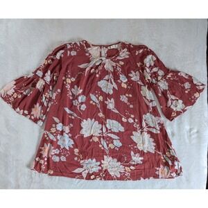 Billabong 3/4 Bell Sleeve Floral Blouse Women's Sz L Mauve & White Boho Festival